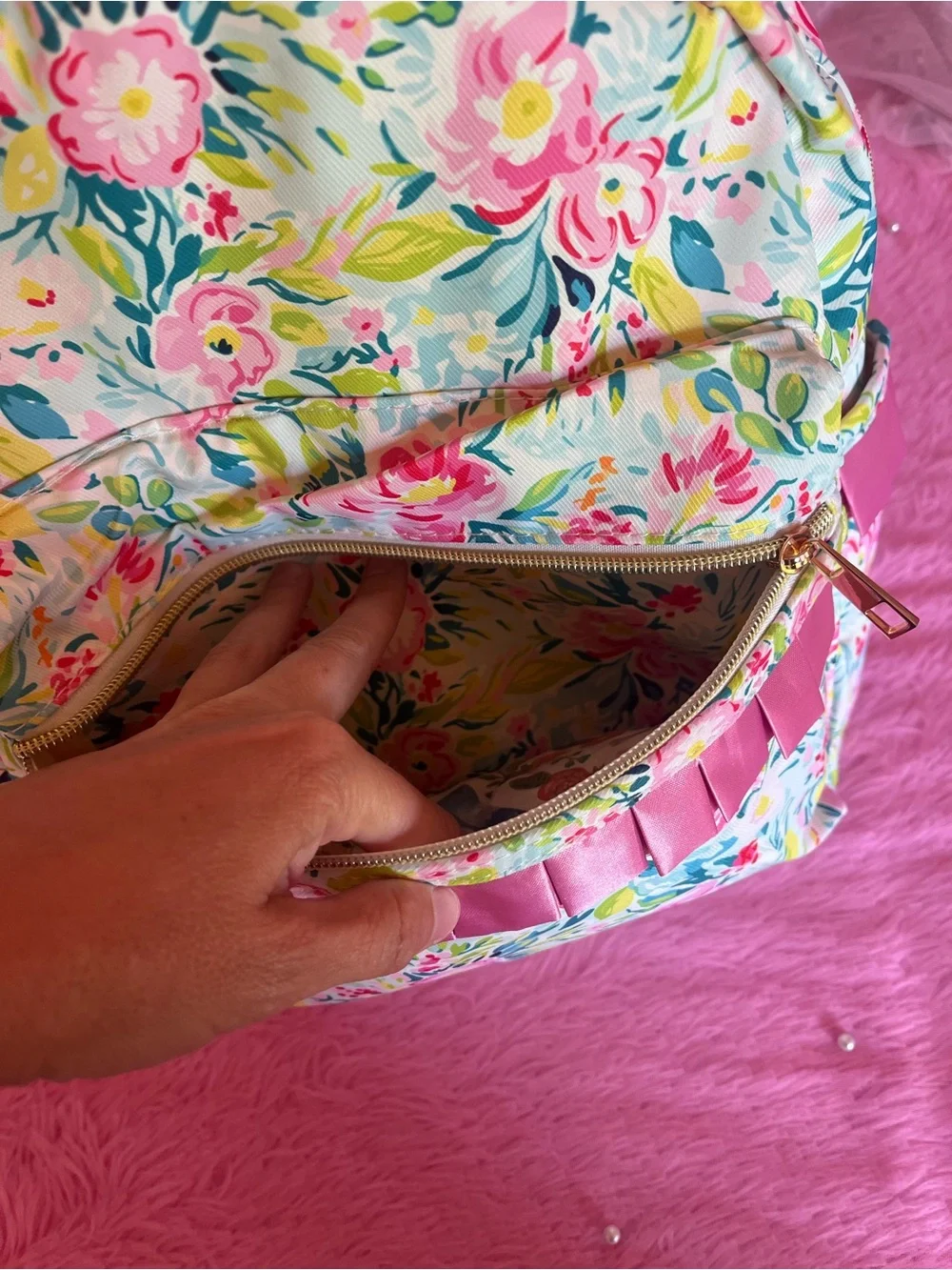 Floral Print Backpack with Pink Ribbon Trim